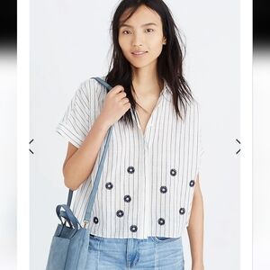 Madewell Hilltop Navy Pin Stripes Floral Embroidered Button Down Blouse Top L e5